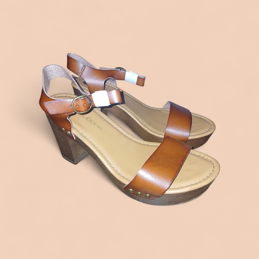Women's Brown Leather Block Heel Sandals with Ankle Strap